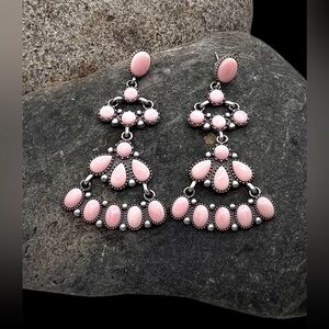 Native American Sterling Silver Pink Conch Shell Multi Stone Dangle Earrings